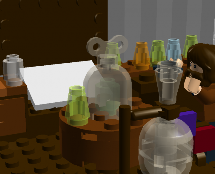 LEGO MOC - Because we can! - Mendeleev D.: Critical Point: Какая-то большая колба на столе. Рядом стоит пузырёк с чем-то.