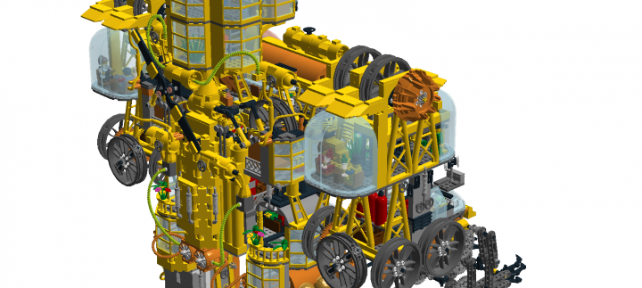 LEGO MOC - Steampunk Machine - Желтый дракон: в руках робота находятся два кафе в которых очень любят проводить время туристы