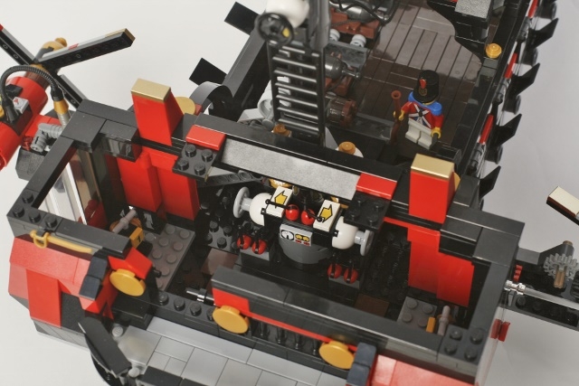 LEGO MOC - Steampunk Machine - FS-041m: паровая машина с внутренней стороны - мы видим кучу переключателей для управления машиной<br />
<br />
Газотурбинные установки могут быть отключены в любой момент – на фото клапаны обозначены № 1 и 2. <br />
<br />
Кроме того, в связи с тем, что на корабле установлен двигатель внешнего сгорания и котел отделен от паровой машины (котел находится на нижней палубе и его не видно) можно использовать практически любой вид топлива — от кизяка до урана.<br />
 <br />
<br />

