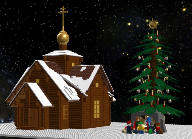 LEGO MOC - New Year's Brick 2014 - Рождественский вечер: Церковь Рождества Христова с Рождественской елкой