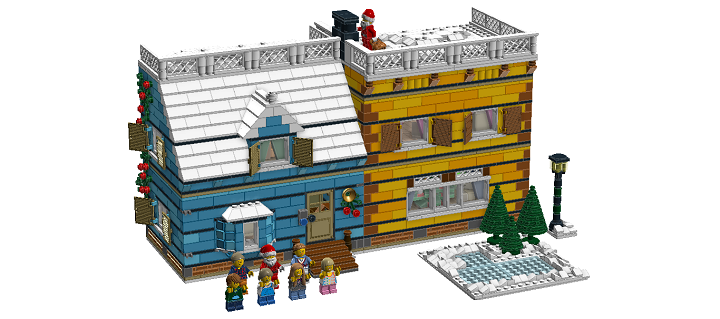 LEGO MOC - New Year's Brick 2014 - Новый Год в семейном доме: Общий вид вместе со всеми персонажами (Дед Мороз №1 не смог слезть с крыши, и поэтому для группового фото его подменил коллега №2).