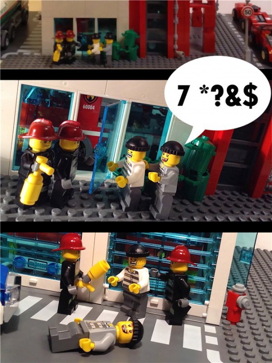 LEGO MOC - New Year's Brick 2014 - Дежурство в новогоднюю смену: Благодаря храбрым близнецам пожарникам и вовремя подоспевшему шерифа, полиции наконец-то удалось захватить разыскиваемых преступников. Шерифа и пожарников представили к награде и показали в выпуске новостей по ЛЕГО-ТВ.