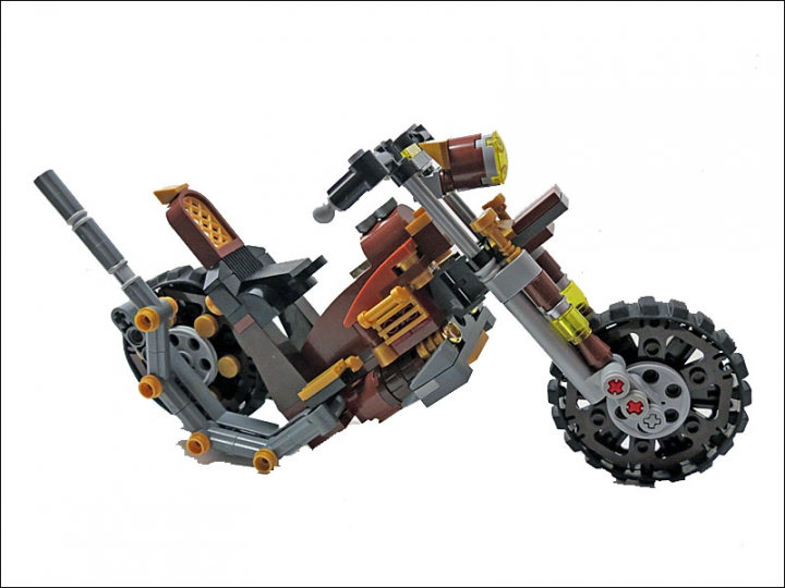 LEGO MOC - Mini-contest 'Lego Technic Motorcycles' - SteamBike 'AnSign': Вилка не оборудована амортизатором, но мягкость хода достигается за счет особого типа колес.