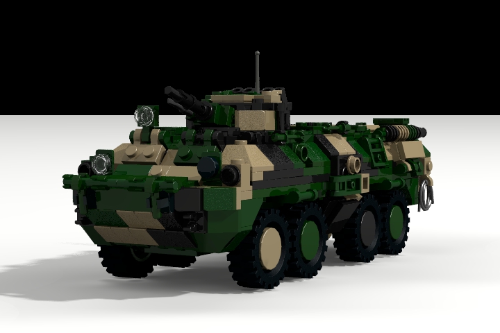 LEGO MOC - LDD-contest '20th-century military equipment‎' - BTR-80: БТР-80 имеет слабо дифференцированную противопульную бронезащиту. Броневой корпус транспортёра собирается при помощи сварки из катаных листов гомогенной броневой стали толщиной от 5 до 9 мм. Большинство листов вертикального бронирования БТР-80, за исключением нижних бортовых и кормового, установлены со значительными углами наклона. Броневой корпус всех БТР-80 имеет обтекаемую форму, повышающую его водоходные качества и снабжён складным волноотражательным щитком, укладывающимся в походном положении на средний лобовой лист корпуса, слегка повышая таким образом его защиту.