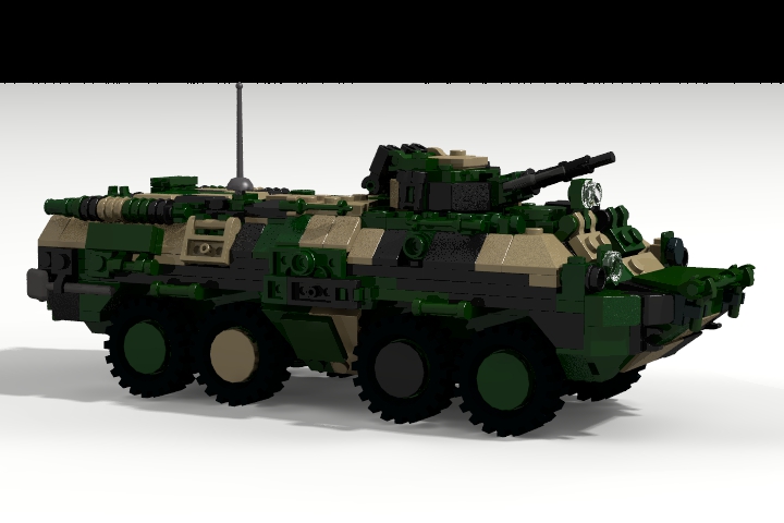 LEGO MOC - LDD-contest '20th-century military equipment‎' - BTR-80: Вооружение БТР-80 составляет спаренная установка 14,5-мм пулемёта КПВТ и 7,62-мм ПКТ. Установка размещается на цапфах в лобовой части башни, её наведение в вертикальной плоскости, в пределах −4…+60°, осуществляется вручную при помощи винтового механизма, горизонтальная наводка осуществляется вращением башни.