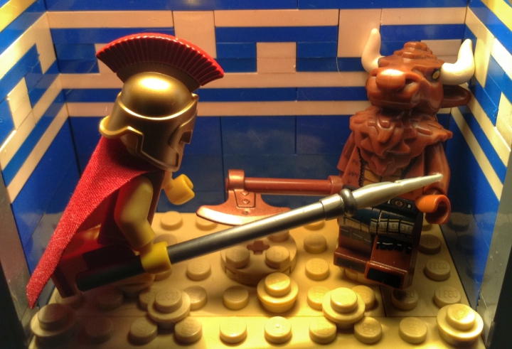 LEGO MOC - Jurassic World - A new exhibit in the city museum: The fight between Theseus and the Minotaur in the Knossos maze. Illustration of an ancient Greek myth.