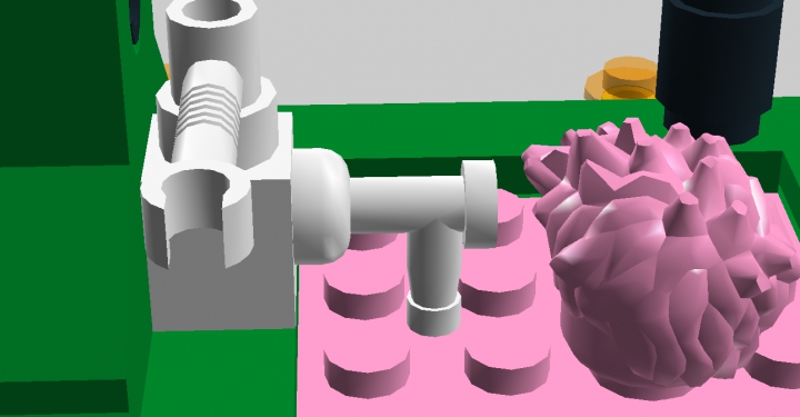LEGO MOC - Battle of the Masters 'In cube' - ФАБРИКА МОРОЖЕНОГО: Слева - краник, из которого мороженое наливается в большую ванну для мороженого. Оттуда мороженое попадает в краник, разливающий его по стаканчикам.