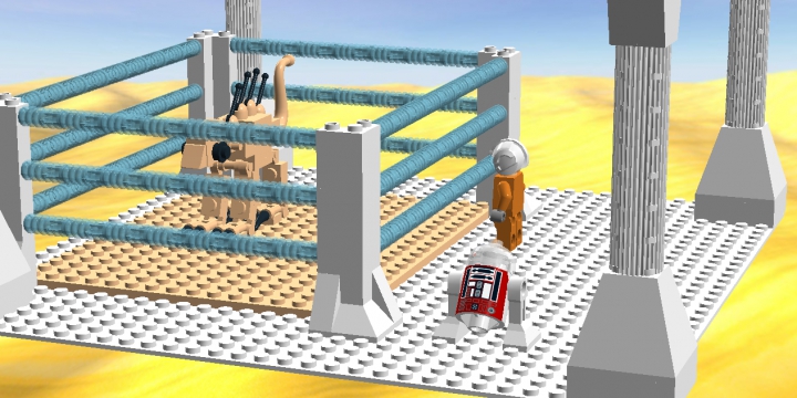 LEGO MOC - Инопланетная жизнь - Зоопарк Звёздных войн.: На первом этаже находится вольер с вомп крысой. На неё смотрит пилот повстанцев. Дроид-астромеханик R3 проезжает мимо.