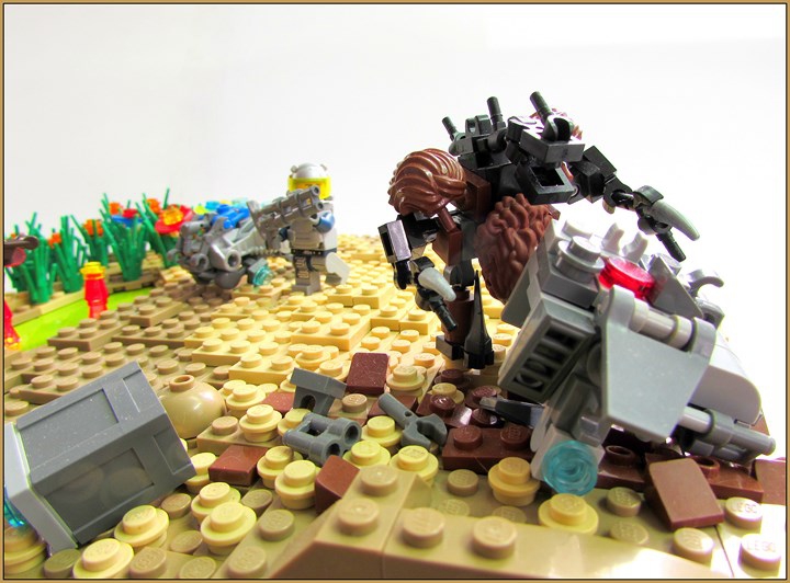 LEGO MOC - Инопланетная жизнь - Синтия: планета песка и леса.: Ромункус изучает сбитый им модуль, не замечая целящегося в него сотрудника безопасности.