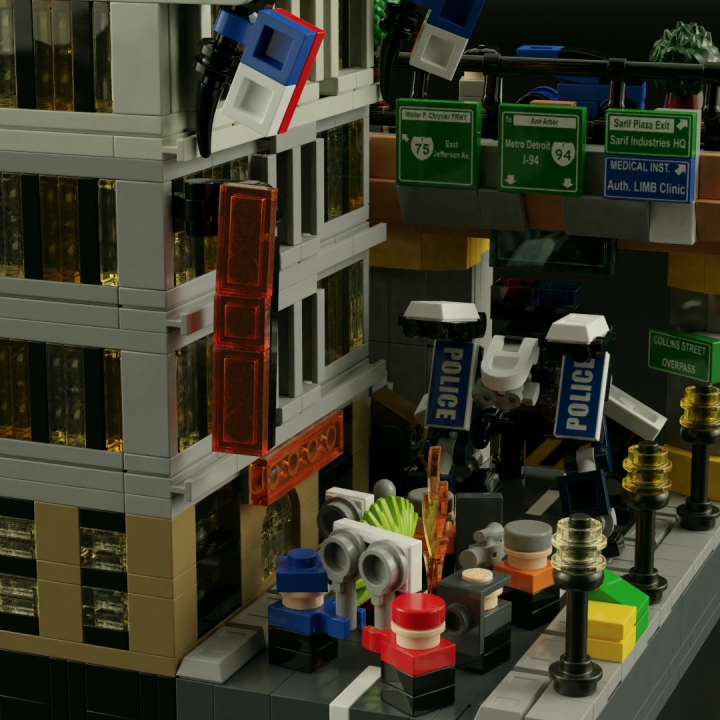LEGO MOC - 16x16: Micro - Революция человечества. Рассвет и закат Детройта: </center></i><br><br />
Для урегулирования ситуации к месту продвижения бунтовщиков был отправлен отряд специального назначения при поддержке вооружённого автономного бота <a href='https://deusex.fandom.com/wiki/80-X_Boxguard'>80-X Boxguard</a>, предназначенного для охраны правопорядка в экстренных ситуациях. Подобные роботы, помимо детройтских стражей закона, также используются и популярными в эпоху нового общества частными военизированными охранными предприятиями типа 'Беллтауэр'.<br />
<i><center>