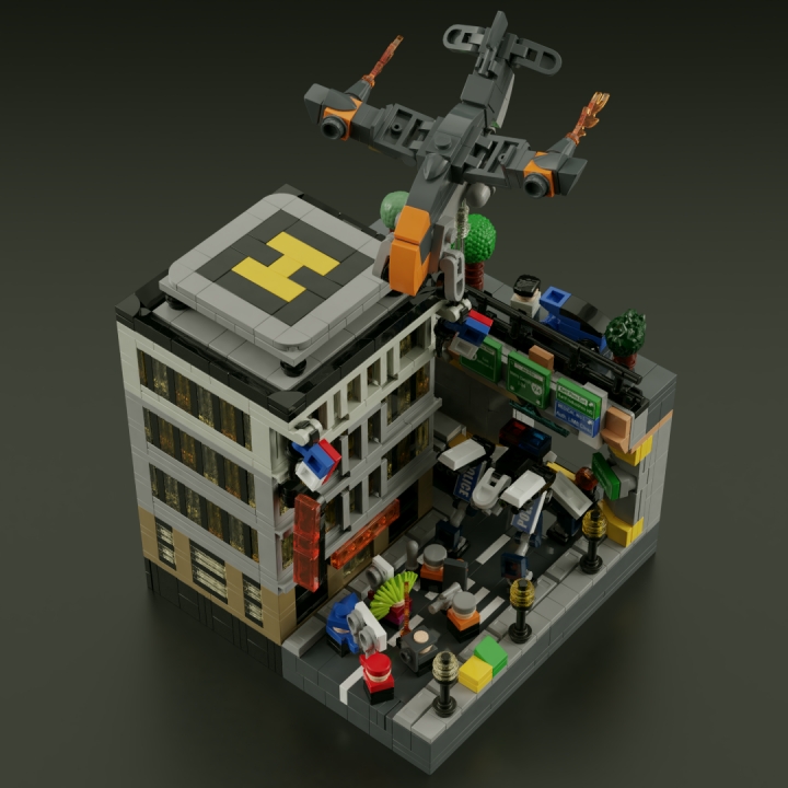 LEGO MOC - 16x16: Micro - Революция человечества. Рассвет и закат Детройта: </center></i><br><br />
При взгляде сверху на Коллинз-стрит и прилегающее к нему трёхэтажное здание отеля можно наблюдать парочку интересных деталей - например, зеваку, припарковавшего свой спорткар на тротуарной части эстакады, усаженной тщательно имитирующими настоящие искусственными деревьями, или же обратить внимание на пролетающий мимо реактивный <a href='https://deusex.fandom.com/wiki/VTOL'>СВВП</a>, принадлежащий косвенному виновнику происходящего на улицах - компании Дэвида Сарифа. Возможно, это единственный вариант выбраться с покрытой волной конфликтов улицы без последствий для себя...<br />
<i><center>