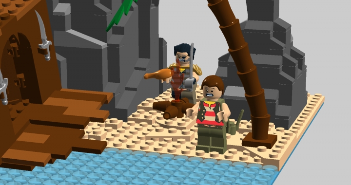 LEGO MOC - Младшая лига. Конкурс 'Средневековье'. - КРУШЕНИЕ ПИРАТСКОГО КОРАБЛЯ: Пиратам удалось разжечь костёр, и они готовят себе еду.