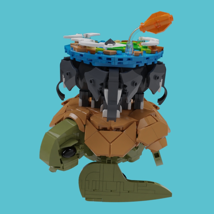 LEGO MOC - LEGO-конкурс 16x16: 'Иллюстрация' - Храбрые рептилионавты: «     ...другие миры не передвигаются по звездной бесконечности на спинах четырех исполинских слонов, которые стоят на панцире гигантской черепахи. Звали Ее – или, согласно другой школе философской мысли, Его – Великий А'Туин. <...><br />
<br />
     Звездная черепаха Великий А'Туин, чей панцирь покрыт коркой замерзшего метана, изрыт метеоритными кратерами и отшлифован астероидной пылью. Великий А'Туин, чьи глаза похожи на древние моря, а мозг размером с континент, по которому скользят маленькие сверкающие ледники-мысли. Великий А'Туин, обладатель огромных, медлительных ласт и отполированного звездами щитка, медленно, с трудом плывущий сквозь галактическую ночь и несущий на себе всю тяжесть Диска. Огромный, как миры. Древний, как Время. Безропотный, как кирпич.»‎