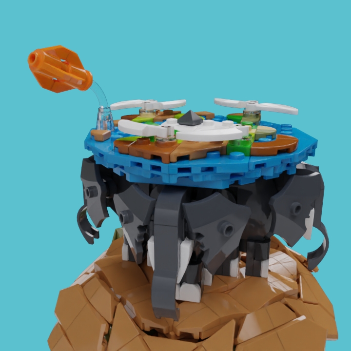 LEGO MOC - LEGO-конкурс 16x16: 'Иллюстрация' - Храбрые рептилионавты: <...><br />
«     То, что кувыркаясь проносится рядом, – это вышедшая из-под контроля бронзовая оболочка «Могучего Вояжера», этакого космического корабля эпохи неолита, построенного и вытолкнутого в пространство жрецами-астрономами Крулла. Это королевство очень удобно расположилось на самом Краю света и недавно доказало, что такая штука, как космонавтика, – в данном случае рептилионавтика, – существует даже на Плоском мире.<br />
<br />
     Внутри корабля находится Двацветок, первый турист Плоского мира. Недавно он провел несколько месяцев, путешествуя по Диску, а теперь стремительно покидает его по причинам, которые довольно-таки запутанны, но имеют некоторое отношение к попытке бегства из Крулла.<br />
<br />
     Эта попытка удалась на тысячу процентов.»‎