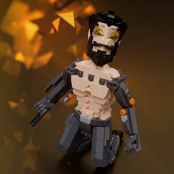 LEGO MOC - LEGO-contest 16x16: 'Cyberpunk' - Иногда лучше смириться с тем, кто ты есть: </i>Работа изображает Адама Дженсена, главного героя игр Deus Ex: Human Revolution и Deus Ex: Mankind Divided. По воле трагических обстоятельств, практически стоивших Дженсену жизни, он подвергается глубокой модификации тела посредством аугментаций и усиленных протезов, в числе которых можно отметить выдвижные нанокерамические клинки, выступающие в качестве смертельно опасного оружия ближнего боя, и характерные для персонажа золотистые солнцезащитные очки, проецирующие на глаз необходимую в боевых условиях информацию.<i>