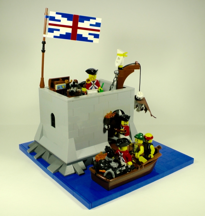 LEGO MOC - LEGO-contest 24x24: 'Pirates' - Бомба для губернатора или Драма на КПП: В тот момент, когда Чичикс торжествующе вынимал из рыбацкой сети с протухшей рыбой (топорная пиратская маскировка) предназначавшуюся для губернатора бомбу (как пираты собирались доставить её к цели, так и осталось загадкой), отмороженный псих, которого неизвестный идиот из пиратского начальства послал на задание, требовавшее такта и аккуратности, отчаявшись, выхватил нож и замахнулся им на бестолкового лейтенанта... Тогда наблюдавший за этой сценой рядовой Стормупер выхватил мушкет и попытался произвести первый в своей жизни меткий выстрел...