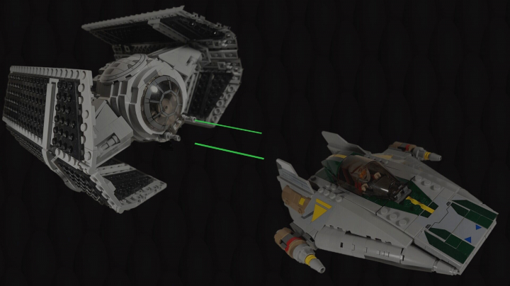 LEGO MOC - LEGO-конкурс 'Путь к звездам' - Дарт Вейдер против эскадрильи Феникс : О работе. Как бы ни плох был сериал 'Повстанцы', а сцена боя Дарта Вейдера с А-крылами мятежников была очень даже удачной (на первых порах, естественно), наглядно демонстрируя пилотажное мастерство владыки-ситха. К тому же мне очень понравился дизайн ранних А-крылов, вдохновлённый первоначальным коцепт-артом Ральфа МакКуорри. Наконец, компания Лего в далёком 2016 году выпустила неплохой набор 75150 по мотивам этой сцены. Так что выбор космических кораблей для конкурсной работы не составил большого труда. По сути, данная работа представляет собой переосмысление набора 75150 с широким использованием деталей и наклеек из него. Итак, к нашим звездолётам:<br />
СИД-улучшенный х1 - масштаб 1/32 (Таркин не из сериала, а из 'Новой надежды', мне так больше нравится) 