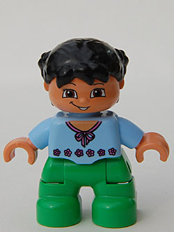 Bricker - LEGO Minifigure - 47205pb001 Duplo Figure Lego Ville, Child Girl,  Bright Green Legs, Light Blue Top with Red Flowers, Black Hair