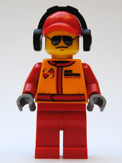 Bricker - LEGO Minifigure - Monster Truck Mechanic, Suit with Spoilers Logo, Red Cap with Hole, Headphones, Black and Sunglasses
