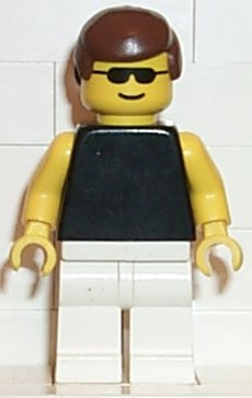 Bricker - LEGO Minifigure - par035 Plain Black Torso with Yellow Arms,  White Legs, Sunglasses, Brown Male Hair