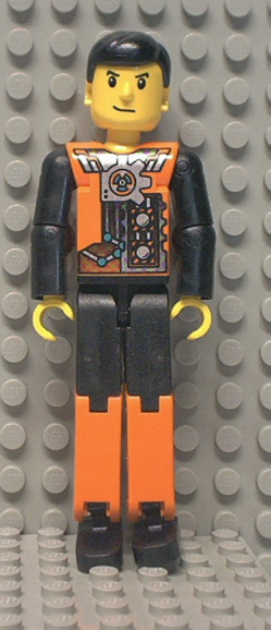 Bricker - LEGO Minifigure - tech027 Technic Figure Orange/Black Legs,  Orange Torso with Silver Pattern, Black Arms, Black Hair (Sets 8305, 8307)