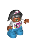 LEGO 47205pb045 Duplo Figure Lego Ville, Child Girl, Blue Legs, White Jacket and Pink Top with Bunny Pattern, Black Hair with Pink Band and Bunny Pattern