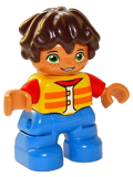 LEGO 47205pb066 Duplo Figure Lego Ville, Child Boy, Blue Legs, Yellow Vest, Red Arms, Reddish Brown Hair
