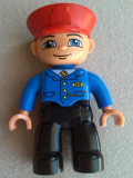 LEGO 47394pb051 Duplo Figure Lego Ville, Male, Black Legs, Blue Jacket with Tie, Flesh Hands, Red Hat, Smile with Closed Mouth (Train Conductor)