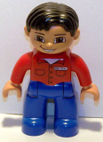 LEGO 47394pb113 Duplo Figure Lego Ville, Male, Blue Legs, Red Shirt with Pockets and Name Tag, Black Hair, Brown Eyes, Flesh Hands