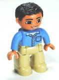 LEGO 47394pb159 Duplo Figure Lego Ville, Male, Tan Legs, Medium Blue Shirt with Pocket and 4 Buttons, Black Hair