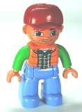 LEGO 47394pb166 Duplo Figure Lego Ville, Male, Medium Blue Legs, Orange Vest, Dark Green Plaid Shirt, Bright Green Arms, Red Cap