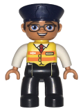 LEGO 47394pb254 Duplo Figure Lego Ville, Male, Black Legs, White Shirt, Yellow Safety Vest with Train Logo, Dark Blue Hat, Brown Hair and Glasses (10875)