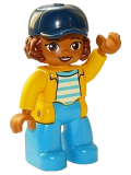 LEGO 47394pb266 Duplo Figure Lego Ville, Female, Dark Azure Legs, White Top with Medium Azure Stripes and Yellow Jacket, Reddish Brown Hair and Dark Blue Cap