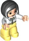 LEGO 47394pb323 Duplo Figure Lego Ville, Female, Bright Light Yellow Legs, White Top with Light Aqua Bow, Black Hair