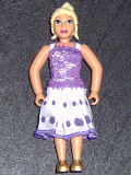 LEGO belvfem79a Belville Female - White Top with Purple Flower Neckline, Light Yellow Hair, Purple Sheath, White Skirt with Purple Dots  (7586)