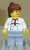 LEGO chef019 Chef - White Torso with 8 Buttons, Light Bluish Gray Legs, Reddish Brown Ponytail Hair