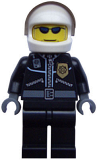 LEGO cty0006 Police - City Leather Jacket with Gold Badge, White Helmet, Trans-Black Visor, Black Sunglasses