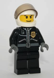 LEGO cty0131 Police - City Leather Jacket with Gold Badge, White Helmet, Trans-Black Visor, Wide Smile