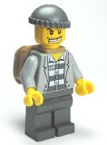 LEGO cty0201 Police - Jail Prisoner Jacket over Prison Stripes, Dark Bluish Gray Legs, Dark Bluish Gray Knit Cap, Gold Tooth, Backpack