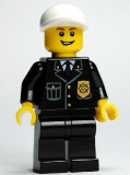 LEGO cty0210 Police - City Suit with Blue Tie and Badge, Black Legs, White Short Bill Cap, Open Grin