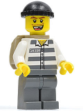 LEGO cty0217 Police - Jail Prisoner 50380 Prison Stripes, Dark Bluish Gray Legs, Black Knit Cap, Missing Tooth, Backpack