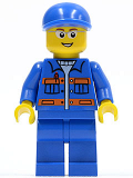 LEGO cty0224 Blue Jacket with Pockets and Orange Stripes, Blue Legs, Blue Short Bill Cap, Glasses, Open Smile