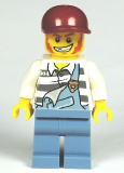 LEGO cty0265 Police - Jail Prisoner Torn Overalls over Prison Stripes, Sand Blue Legs, Dark Red Short Bill Cap