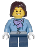 LEGO cty0331 Medium Blue Jacket with Light Purple Scarf, Dark Blue Short Legs, Dark Brown Mid-Length Tousled Hair