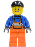 LEGO cty0365 Overalls with Safety Stripe Orange, Orange Legs, Black Short Bill Cap, Brown Eyebrows and Open Smile