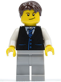 LEGO cty0395 Black Vest with Blue Striped Tie, Light Bluish Gray Legs, White Arms, Dark Brown Short Tousled Hair, Crooked Smile