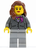 LEGO cty0419 Dark Bluish Gray Jacket with Magenta Scarf, Light Bluish Gray Legs, Reddish Brown Female Hair over Shoulder, Red Lips