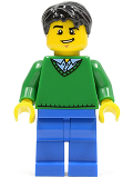 LEGO cty0503 Green V-Neck Sweater, Blue Legs, Black Short Tousled Hair, Lopsided Grin