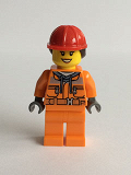 LEGO cty0528 Construction Worker - Chest Pocket Zippers, Belt over Dark Gray Hoodie, Red Construction Helmet with Long Hair, Black Eyebrows