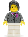 LEGO cty0575 Dark Bluish Gray Jacket with Magenta Scarf, White Legs, Black Hair Ponytail Long with Side Bangs (City Square Car Saleswoman)